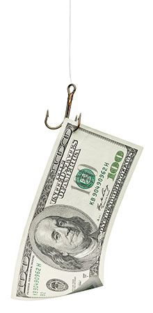 photo of a $100 bill on a fishing hook